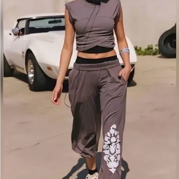 Free People Pants - Free People Hot Shot Crossover Set Gray with baby blue Logo msrp$98 NWT